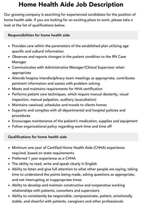 Home Health Aide Job Responsibilities