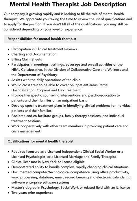 Job Description Of Mental Health Therapist